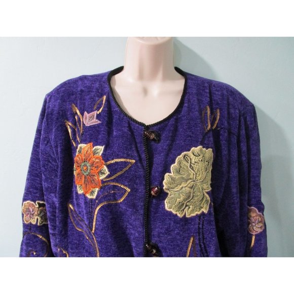 Purple Chenille Glass Applique Embroidered Beaded Sequin Wearable Art Jacket L - Picture 8 of 16